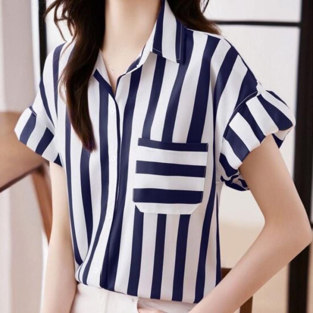 Navava Women Casual Stripe String Short Sleeve Shirt Blouse Nb3165