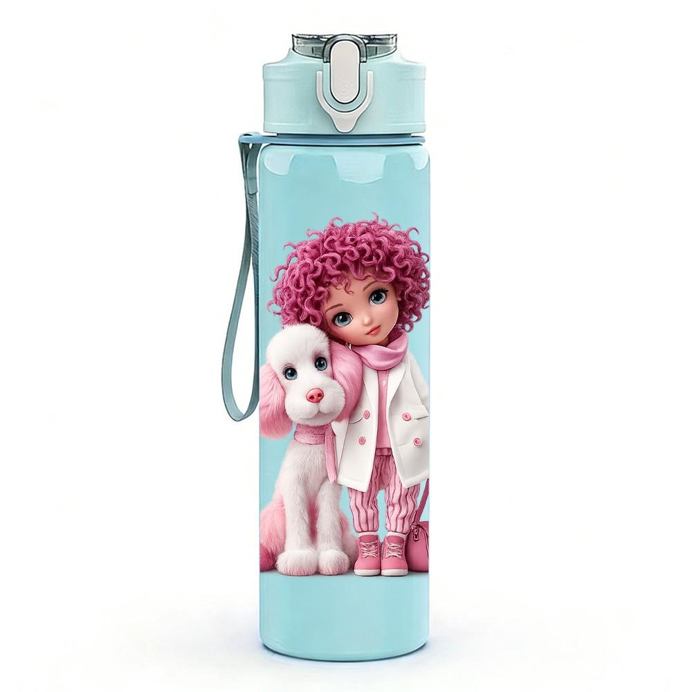 1PC Cute Pink Rag Doll Toy Art Print 750ml Color Plastic Sports Water Bottle Leakproof Flip Straw Lid Suitable for Sports Office Home Use