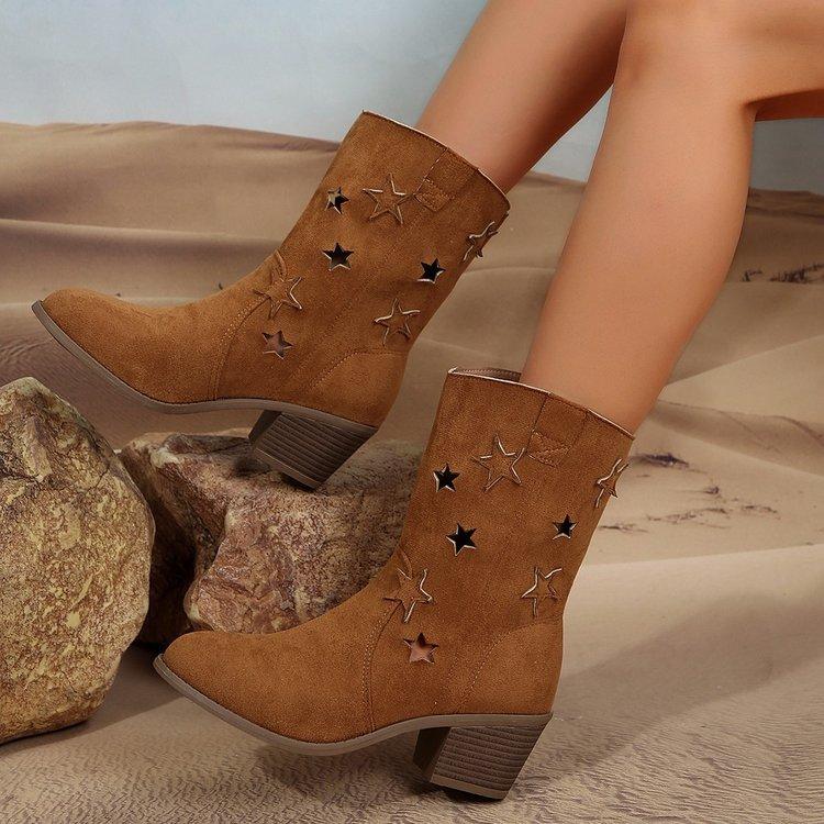 Large Size Pentagram Hollow Knight Boots Autumn and Winter Suede Polished Medium Tube But Knee Retro Women's Boots