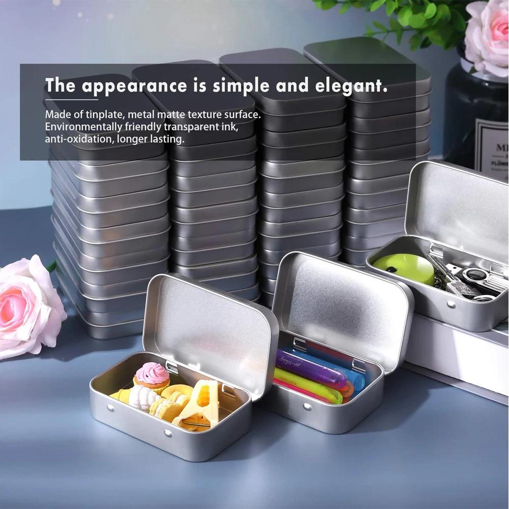 Metal Rectangular Empty Hinged Tins - Silver Mini Portable Box Small Storage Kit & Home Organizer with Lids Craft Containers
