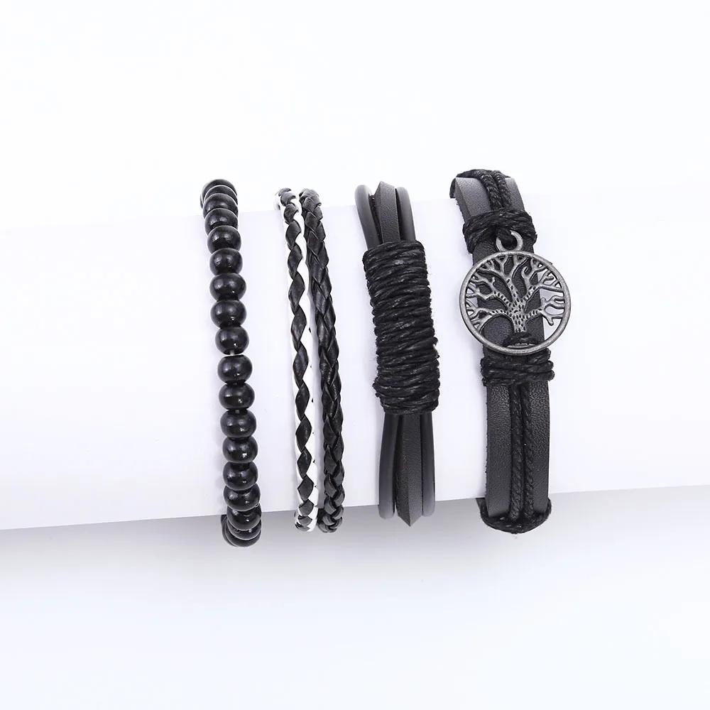 3-4Pcs Vintage Leather Bracelet Set For Men Tree of Life Charm Black Woven Rope Beads Chain Wrap Bangle Women Handmade Jewelry
