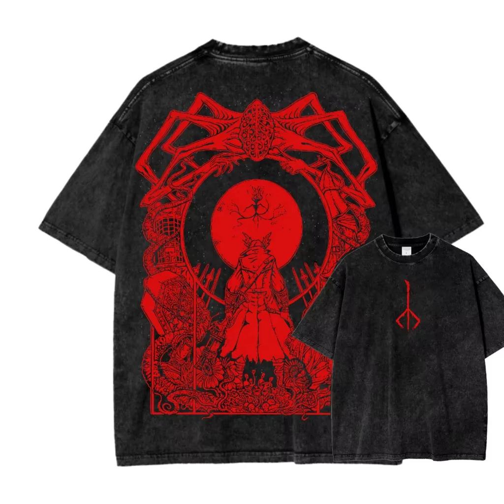 2026 Neues Top Mode Action Rollenspiel Blood Borne Peripherieartikel Print T-Shirt Vintage gewaschen Herren Damen Baumwolle Locker Übergröße T-Shirt Kurzarm Top