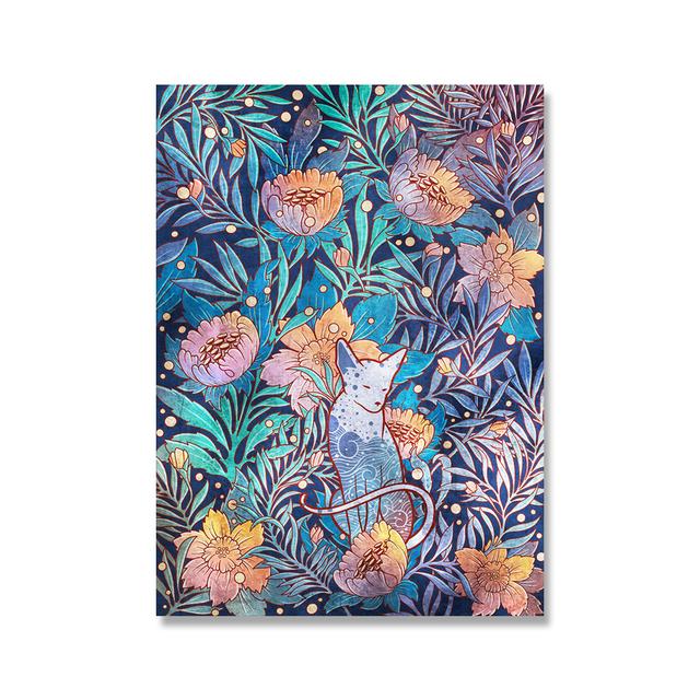 Vintage Cat Cartoon Animal Flower Plant Nordic Poster Wall Art Canvas Painting Wall Pictures for Living Room Home Decor Cuadros