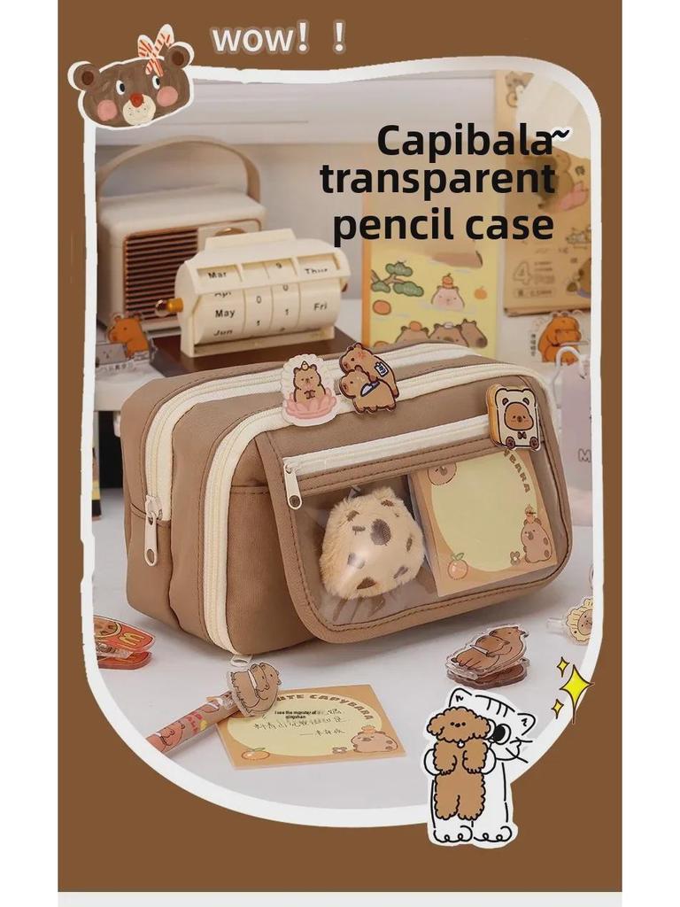 Large-Capacity Capybara Pencil Case for Girls - Cute Transparent Design for Junior High Students