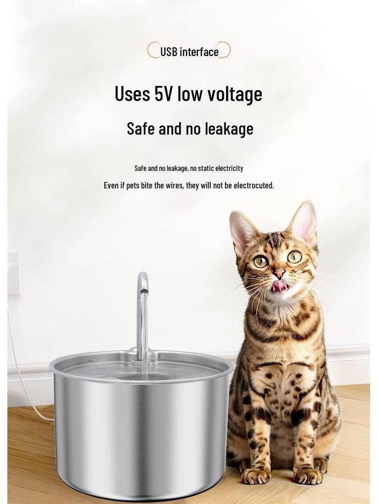 2.2L Stainless Steel Pet Water Fountain with Multi-Stage Filtration & Ultra-Quiet Continuous Flow for Cats