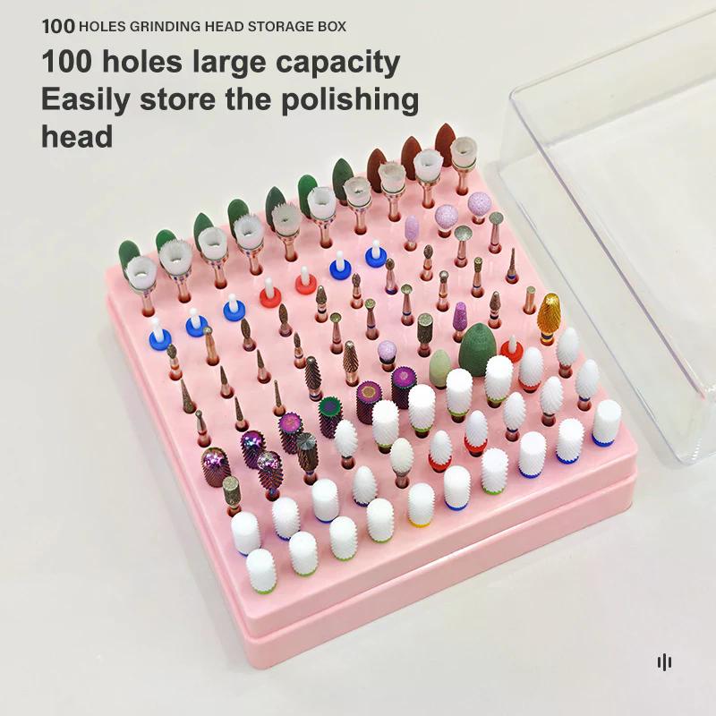 Scatola Porta Punte per Fresa per Nail Art a 100 Fori Porta Punte per Lucidatura e Molatura Espositore Organizer per Punte per Fresa per Unghie Supporto in Plastica per Unghie