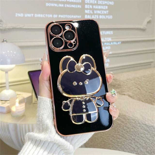 Lovely Rabbit Makeup Mirror Bracket Holder Plating Phone Case For Iphone 13 14pro 12 11pro Max X Xr Xs Protective Phone Holder