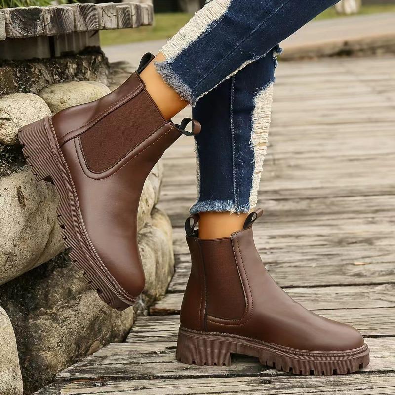 Women's Fall Winter Chunky Heel Round Toe Thick Sole Fleece-Lined Martin Ankle Boots.