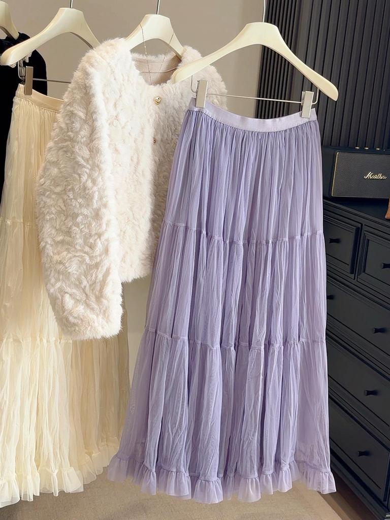 Korean-Style Pleated Elastic Waist Skirt - Women's Spring/Autumn, Slim Fit, Large Hem