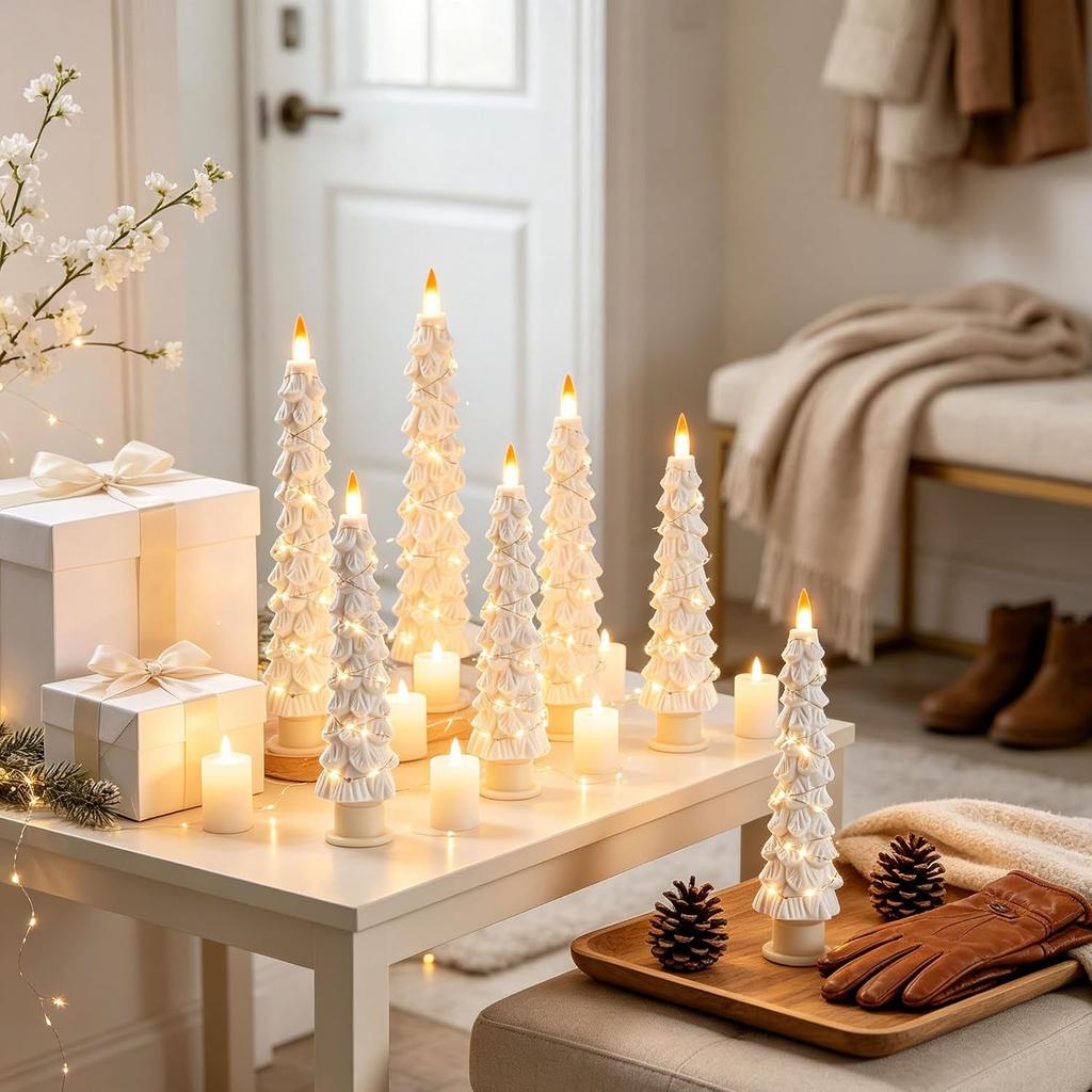 Pack of 2 Christmas Tree LED Taper Candles, Flameless Candles, Realistic Flame Effect, Battery Operated with Remote Control for Christmas Decoration