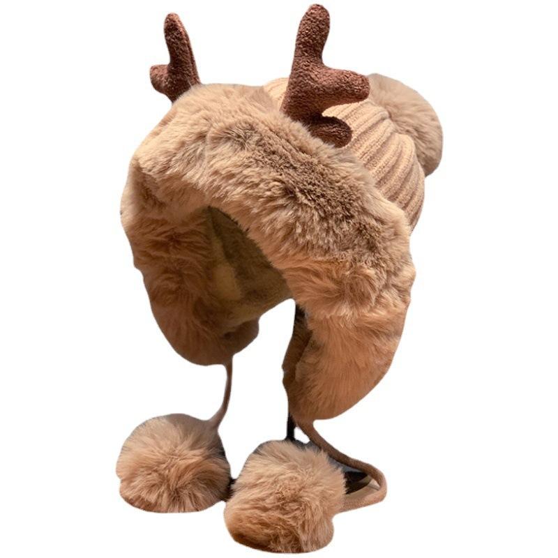 Winter Hat Female Cute Antlers Hairball Ear Protectors Plush Hat Christmas Thickened Northeast Lei Feng Hat Cycling Hat