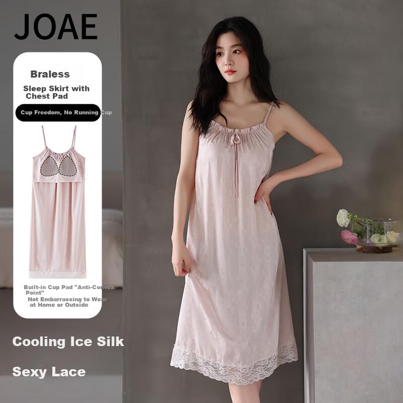 JOAE Faux Silk Ribbon Chest Pads Spaghetti Strap Nightgown, Women's Sexy High-End Sleepwear, Loungewear, Ice Silk, Pink, XL
