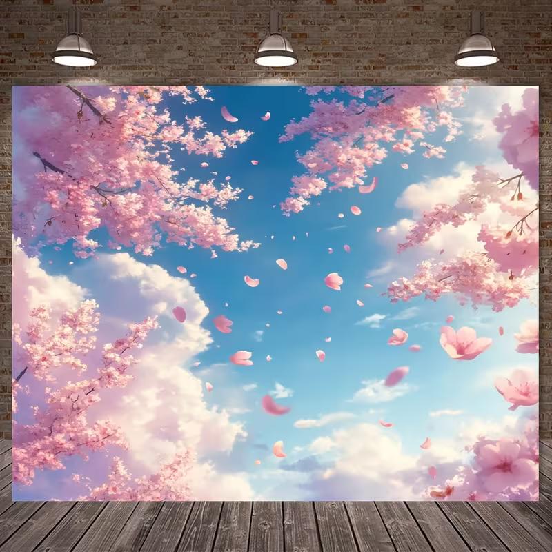 2D Dreamy Cherry Blossom Branches and Floating Petals Tapestry