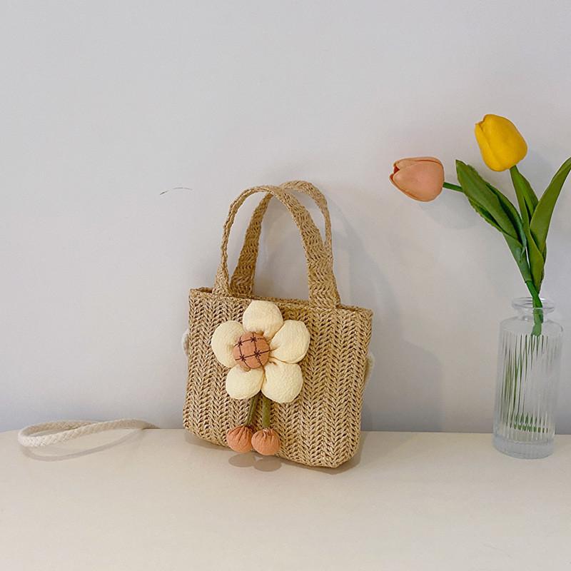 

Childrens Straw Bag With Fruit Pattern Kids Casual Woven Handbag For Daily Use Khaki Flower
