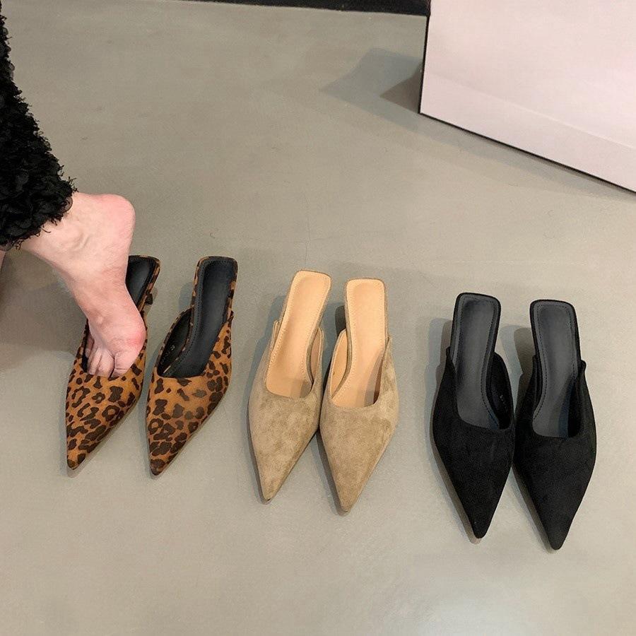 Leopard print kitten heel temperament French bag head half slippers women's shoes wear 2025 autumn new pointed high heels