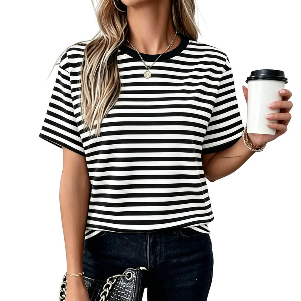Women Short Sleeve Striped T Shirt Summer Round Neck Basic Casual Top Lightweight Breathable Soft Fabric Comfortable Fit