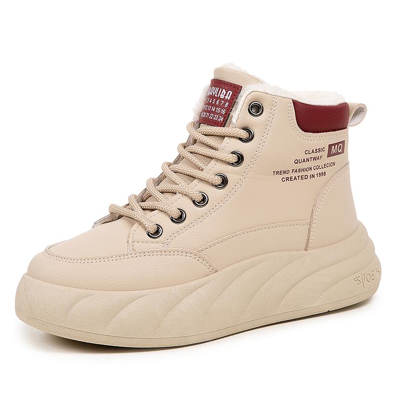 Women's White Chunky-Sole Sneakers High-Top Fleece-Lined Slip-Resistant All-Weather Warm Boots Durable Casual Style