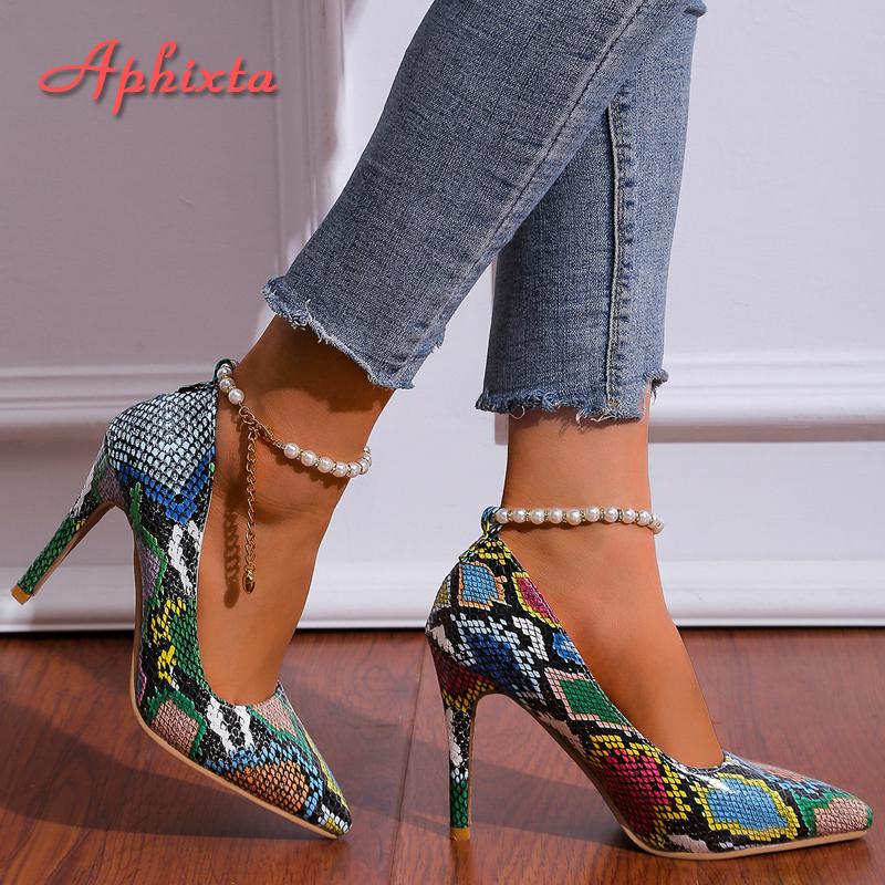 Fashion Aphixta 2024 Pearl Chain Pointed Toe 3.94 Inch Thin Heels Women Shoes Snake Prints Leather Pimp Leisure Party Super Big Size 46