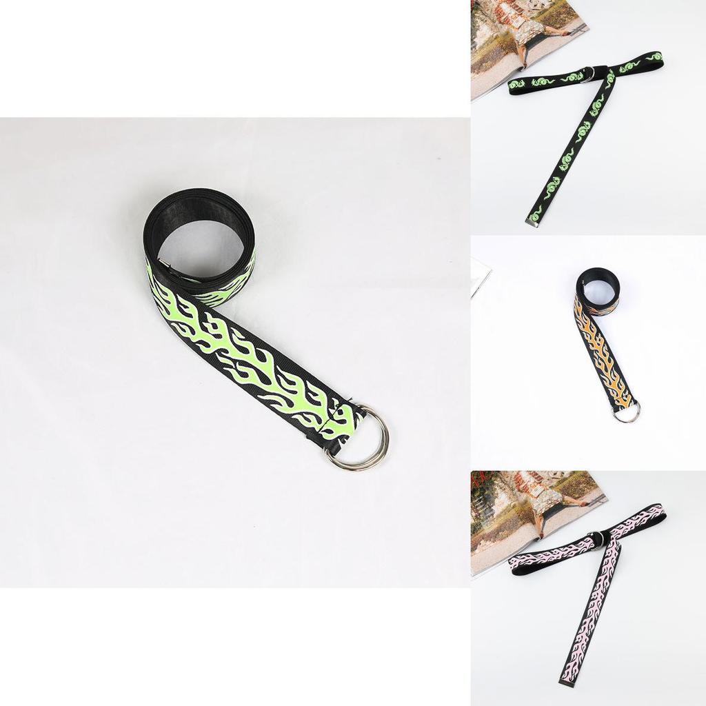 Fire Flame Embroidered Canvas Belt With Double Ring Closure For Fashionable Denim Outfits