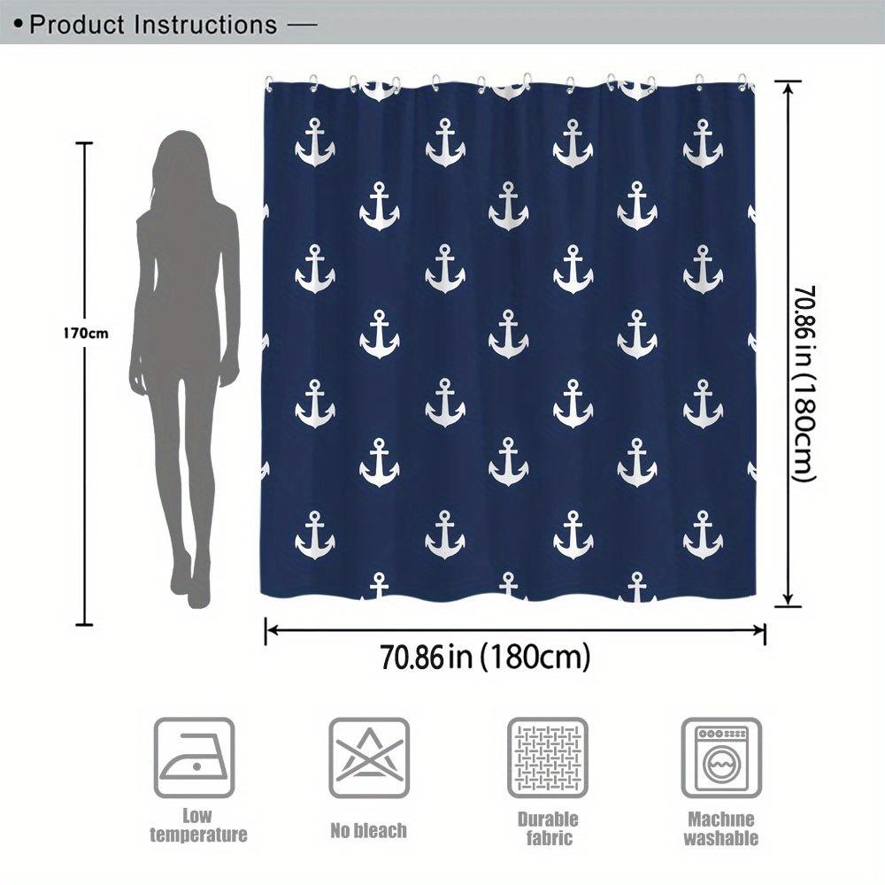 Mörkblå Ankare Duschdraperi - Klassiskt Sjöfartstema, Vita Ankare på Djupblått, Polyester med 12 Krokar,