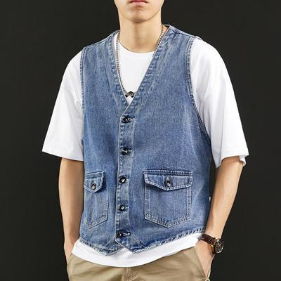 Verão novo denim colete masculino japonês casual solto lavado velho sem mangas casaco moda cor sólida sem gola jaqueta jeans
