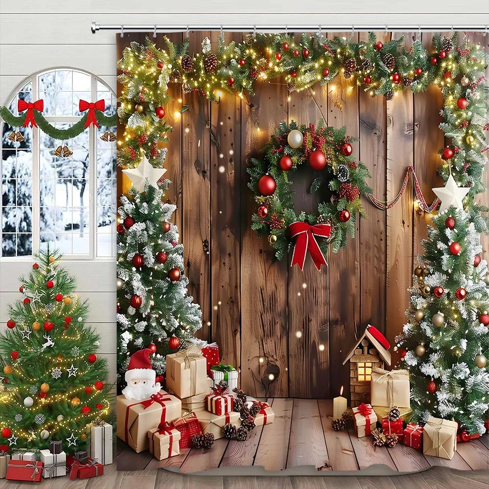 Christmas Shower Curtain Winter Holiday Farm Mantel Stockings Gifts Rustic Pine Home Polyester Fabric Bathroom Decor Curtain Set