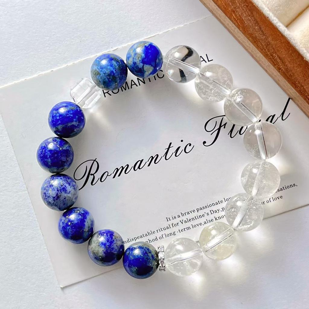 12Mm Retro Large Particle Natural White Crystal Lapis Lazuli Contrasting Color Bracelet Bracelet.