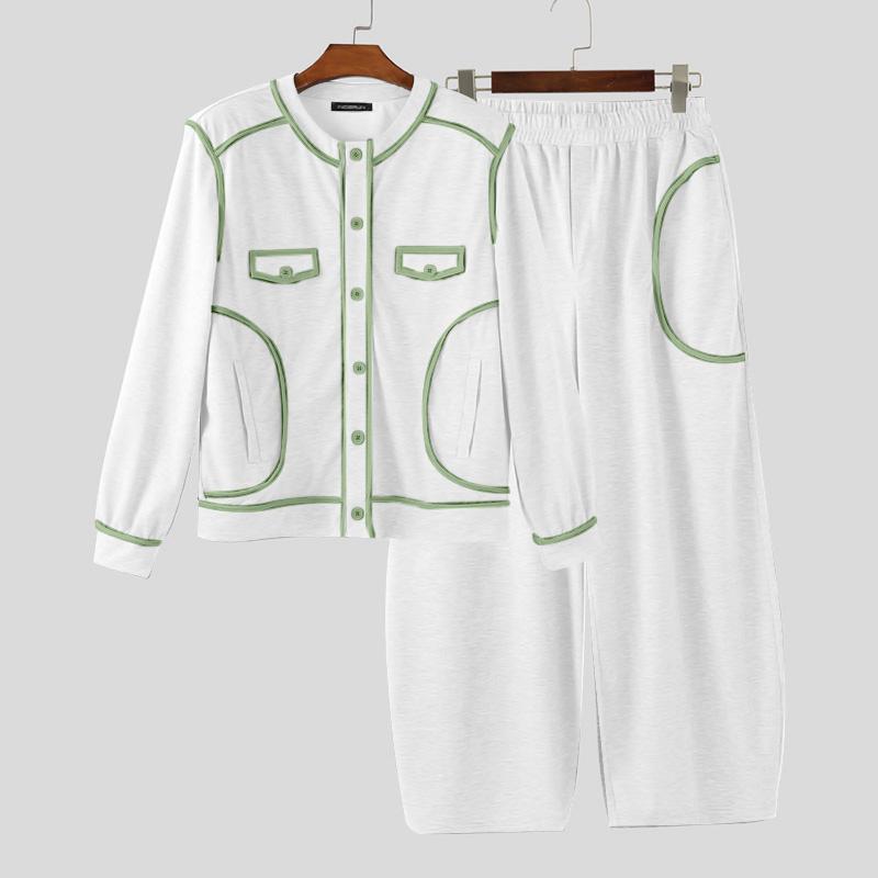 

INCERUN Two Pieces Sets Men Long Sleeve Stitching T-shirts Long Pants Sports Sets 5XL білий