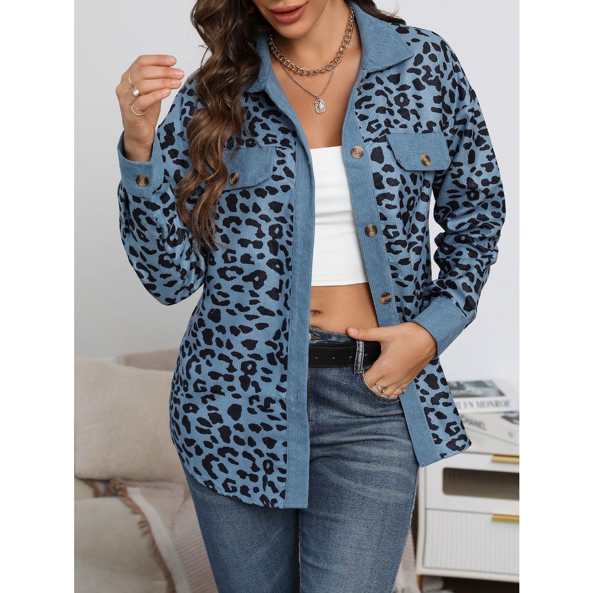 Fall Winter New Fashion Plus Size Women Corduroy Jacket Leopard Print Loose Single-breasted Long Sleeve Coat S синий