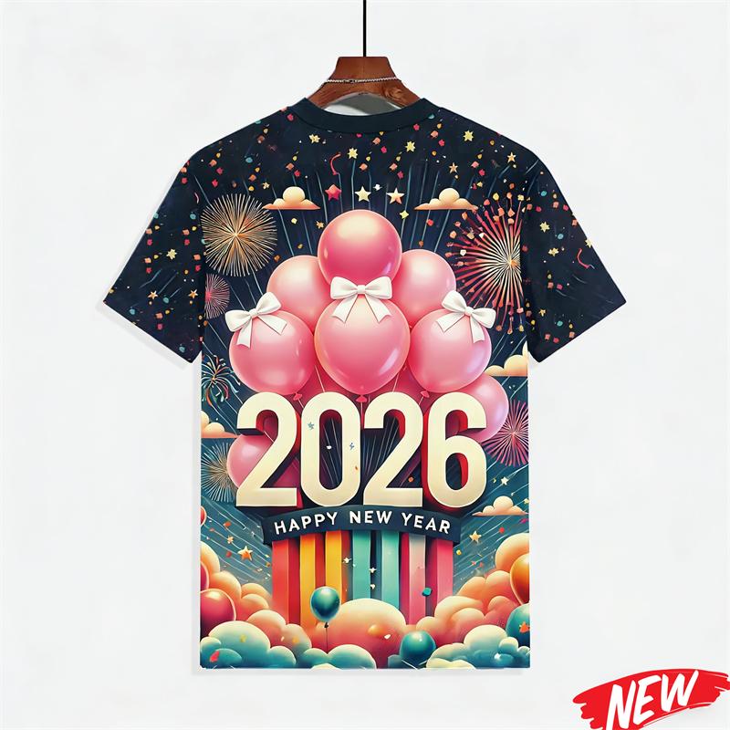 Men's T-shirt with colorful balloon and fireworks pattern, Happy 2026 New Year, short-sleeve holiday party family crew neck T-shirt
