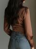 European and American Satin Deep V-neck Lace Trim Slim Fit Long Sleeve Pleated Top