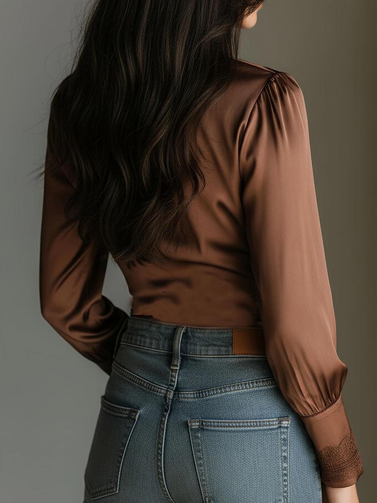 European and American Satin Deep V-neck Lace Trim Slim Fit Long Sleeve Pleated Top