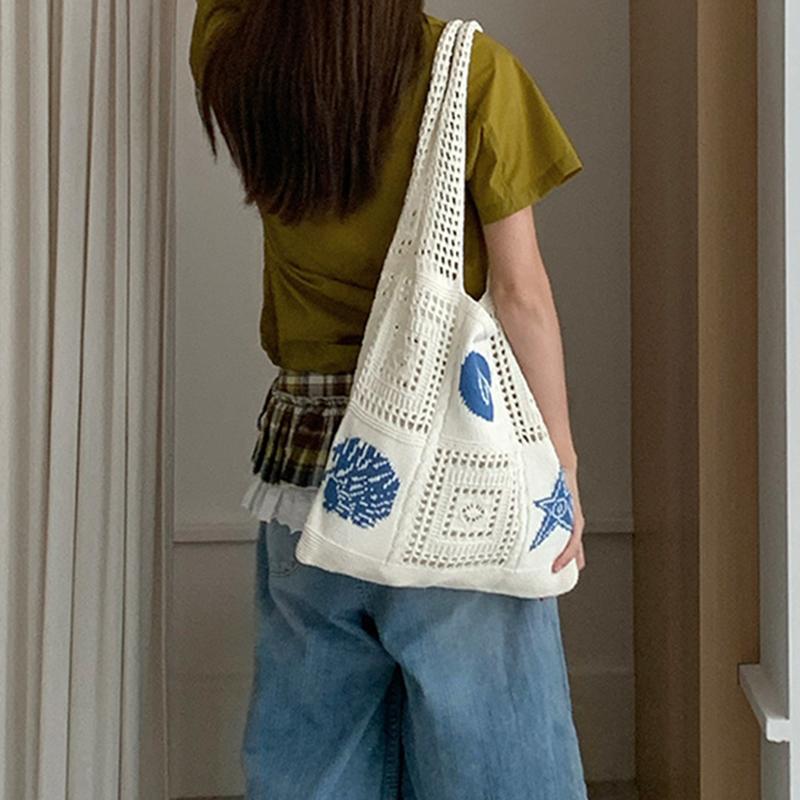 Yogodlns Nová háčkovaná taška, Kabelka s velkou kapacitou, Vyšívaná háčkovaná taška s výpletem, Korejská háčkovaná denní kabelka