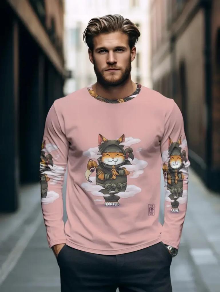 Samurai Cat Warrior Print Long Sleeve T-shirt, Stylish Casual Men's Top