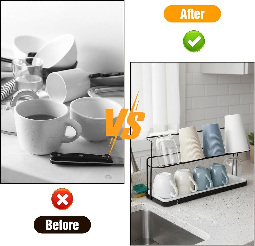 2-Tier Cup Mug  Drying Rack Kitchen Countertop Drainer with Drainboard Utensil Holder Rust-Proof Dish Mug Drying Storage Shelf