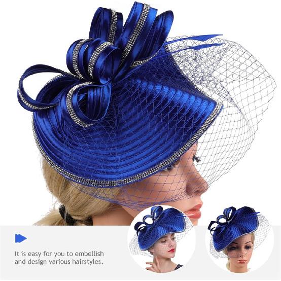 Women’s Fascinator Tea Party Hat Blue Sinamay Headband Cocktail Wedding Veil Elegant Special Occasion Accessory