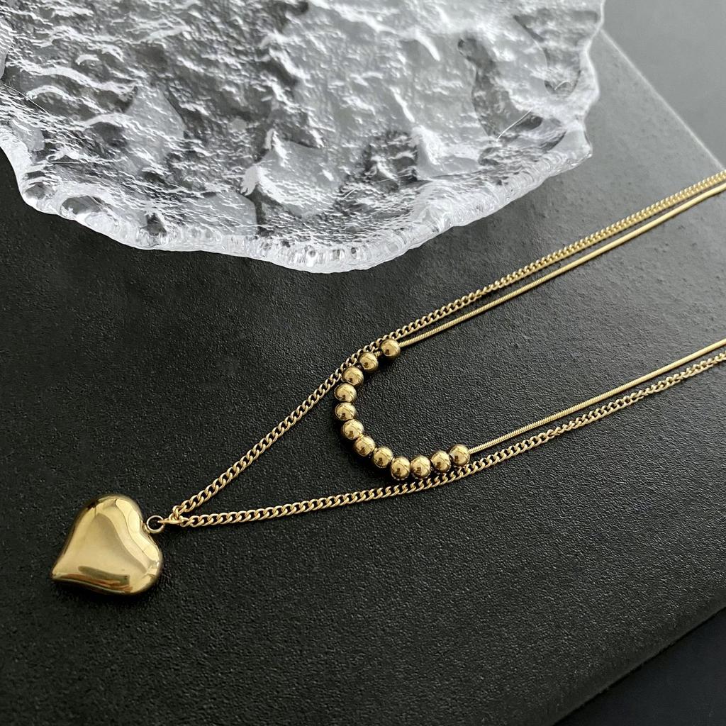 French Fashion Love Heart Double Layer Titanium Steel Clavicle Necklace For Women