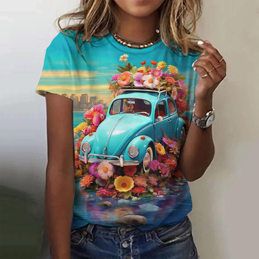 

2026 New Women s T-shirt Cartoon Car Print Hippie Bus Tops Women s Trending Clothes Fashion Short Sleeve Shirt Funny Tee Tops 6XL