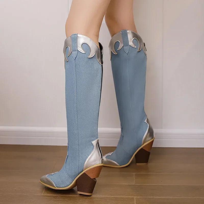 Winter Western Knee High Boots Women Wedge Heels Brown Purple Black Patchwork Retro Dress Pointed Toe Zipper Cowgirl Long Boots