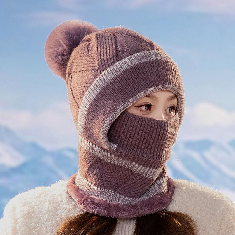 

Зимняя вязаная шапка шарф маска цельная плюшевая помпоновая шапка для женщин флисовая подкладка теплая шапочка уши защита шеи лыжная шапка One Size