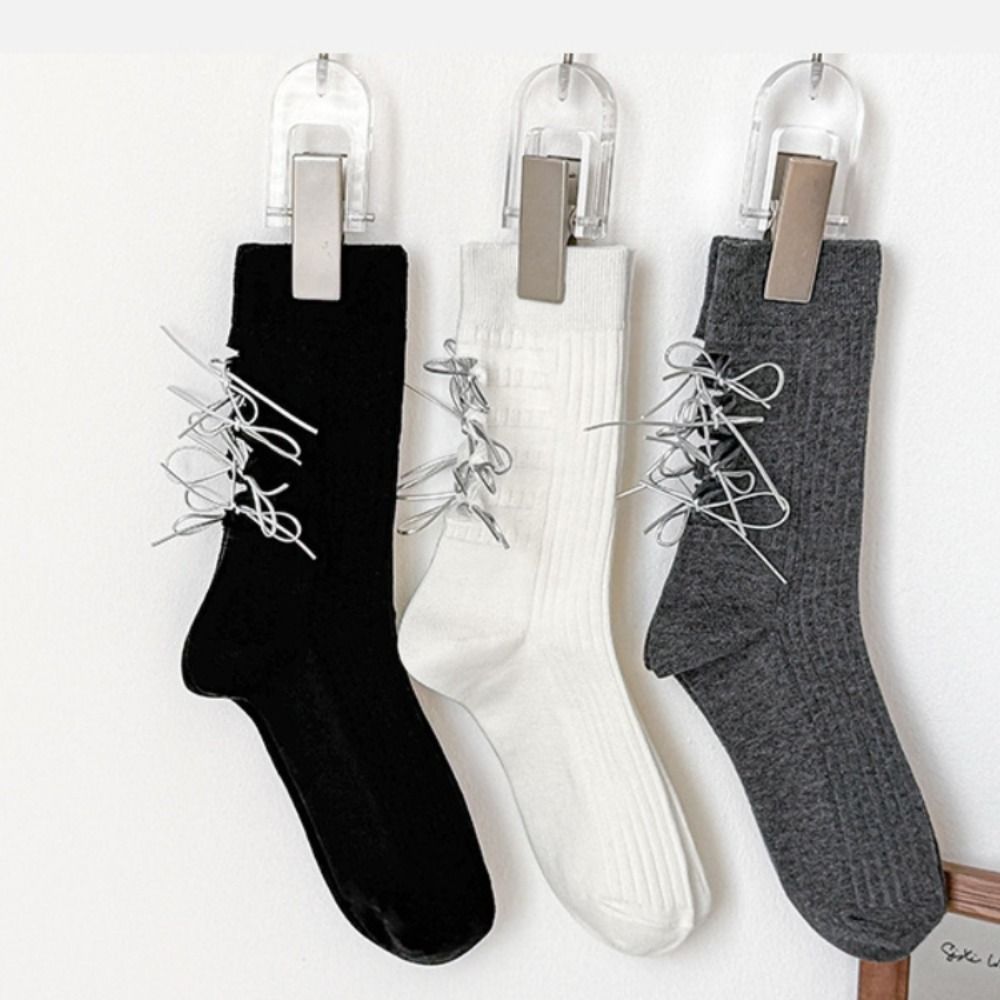 Ballet Style Mid Calf Socks Solid Color Ripped Lacing Socks Cotton Socks for Women  Student