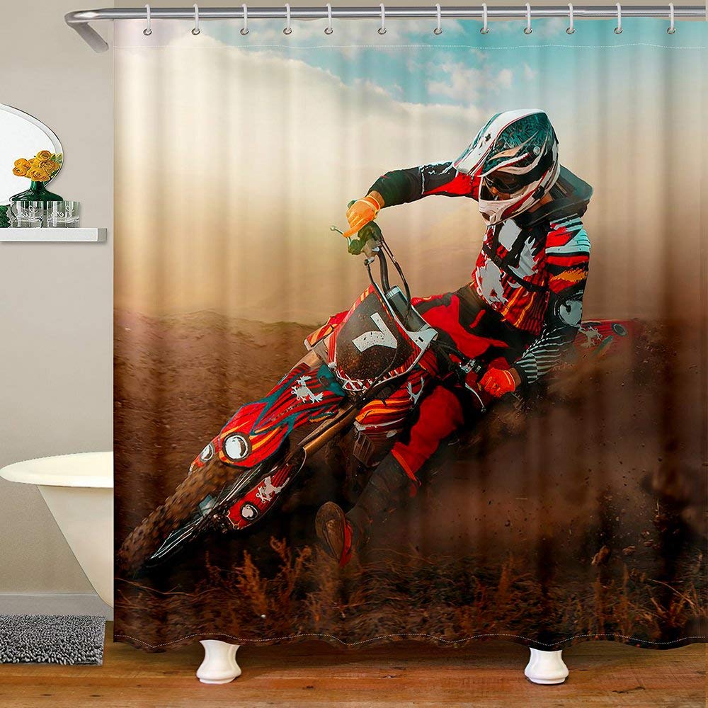 Dirt Bike Shower Curtain Boys Bathroom Bathtubs Motocross Rider Extreme Sports Bath Mountain Curtains Polyester Perfect For