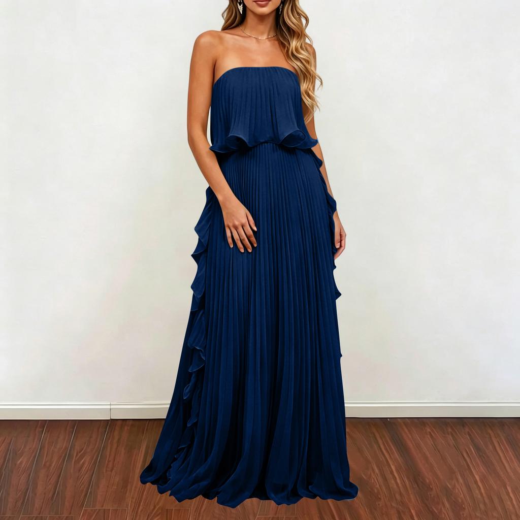 Women Strapless Pleated Maxi Dress Sleeveless Ruffle Hem Chiffon Evening Gown Long Length Summer Fashion Formal Dress