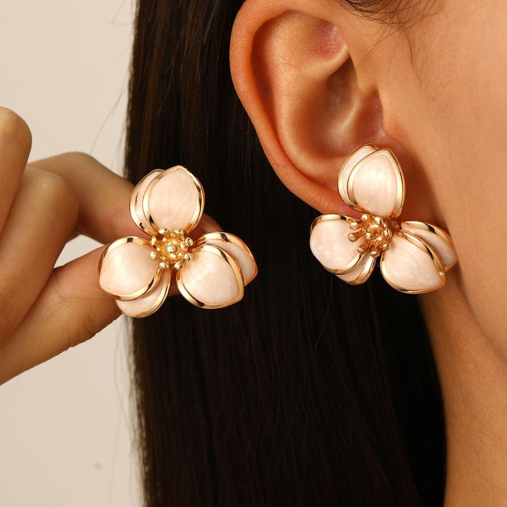 Layered Pink Enamel Flower Stud Earrings Gold Tone Trim Floral Earrings for Women