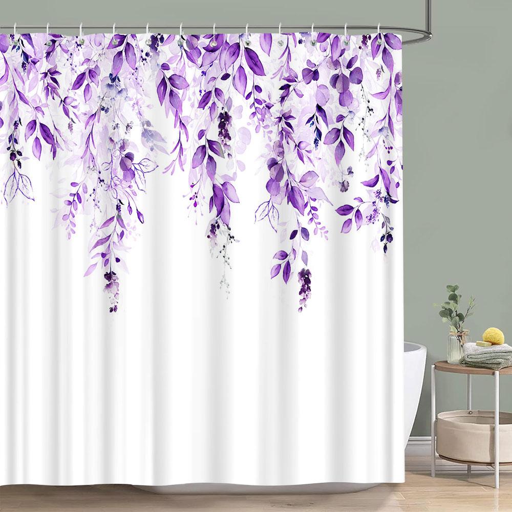 Purple Vineman Botanical Watercolour Shower Curtain Lavender Butterfly Floral Polyester Shower Curtain Bathroom Decor with Hooks
