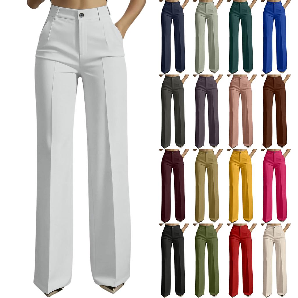 High Waist Wide Leg Hose für Damen Klassische Gerade geschnittene Business Casual Hose mit Taschen und Knopfleiste