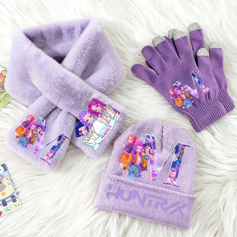 3-teiliges KPop Dämonenjäger Kinder Strickmütze Handschuhe Schal Set Niedliche Mädchen Winteraccessoires Strickmütze Schals Weihnachtsgeschenke