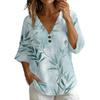 Women Vintage Floral Print V Neck Loose Fit Short Sleeve Blouse Linen Blend Casual Summer Top with Button Detail