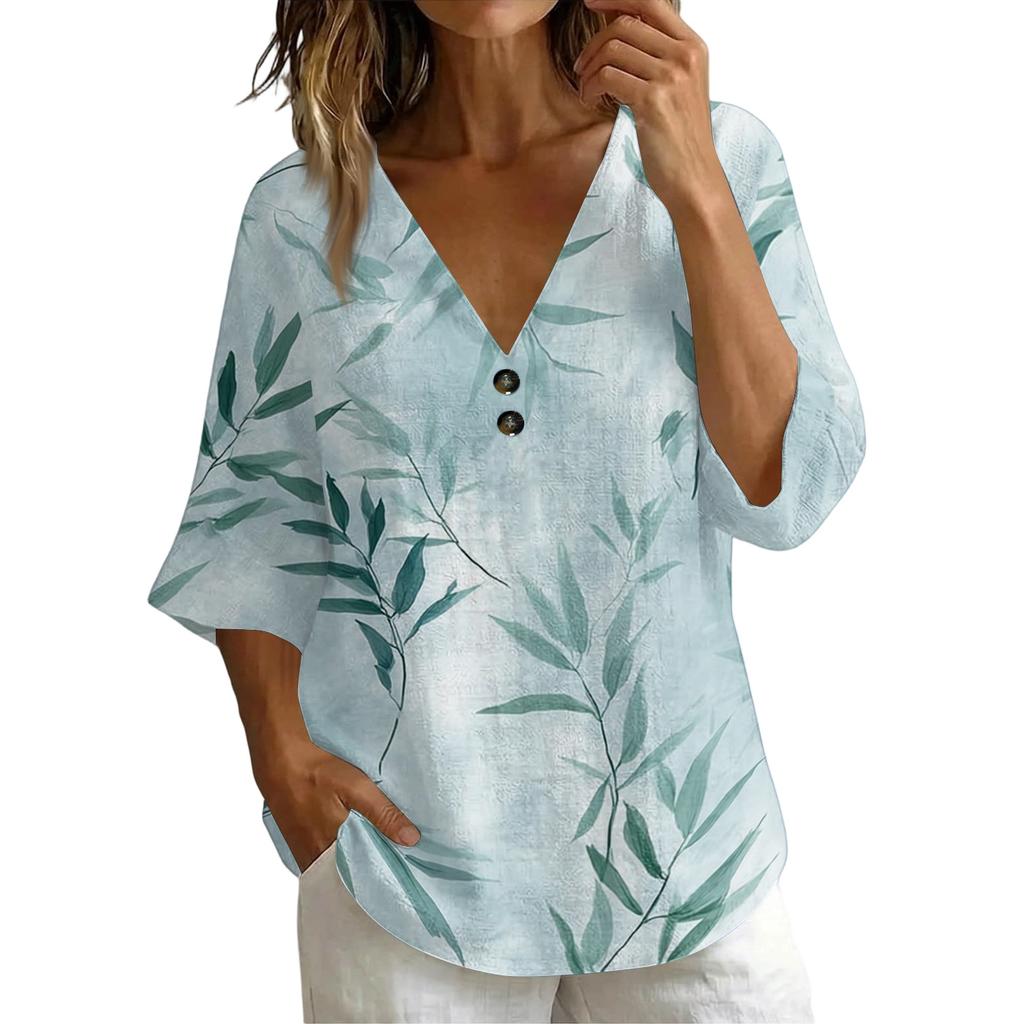 Women Vintage Floral Print V Neck Loose Fit Short Sleeve Blouse Linen Blend Casual Summer Top with Button Detail
