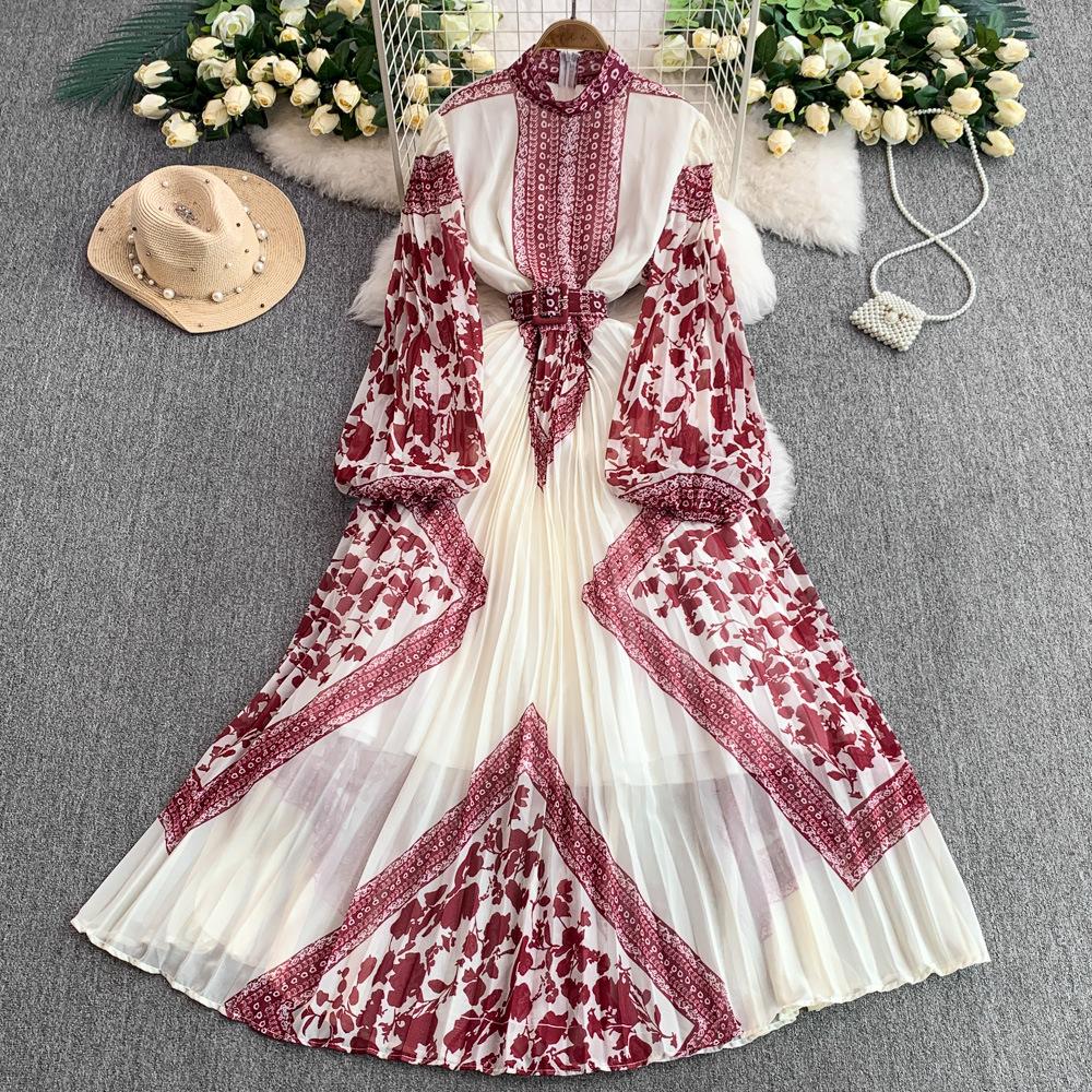 Retro temperament printed stand-up collar lantern sleeve dress women's summer new waist thin pleated pendulum long skirt